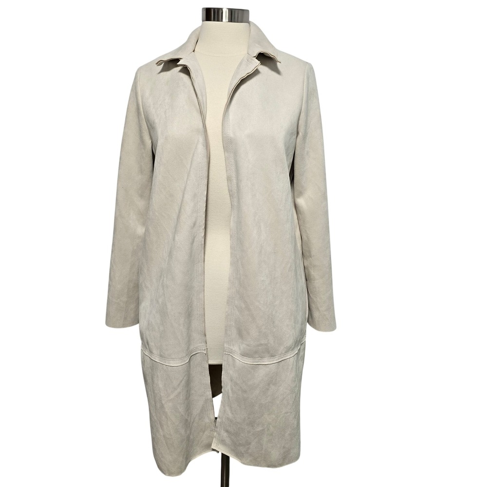Philosophy Womens Beige Faux Suede Cream Long Duster Jacket Sz Small Chic Classy